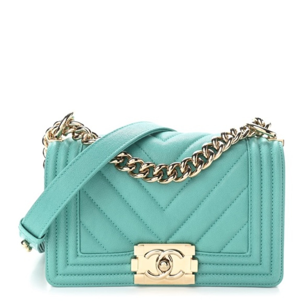 Chanel 19S Turquoise Iridescent Caviar Chevron Quillted Small Boy Gold Hardware
